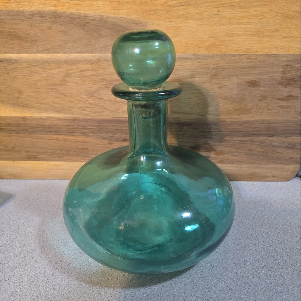 Vintage Green Glass Large Decanter With Cork Plug Bottle Vase (Glaze Flaws)